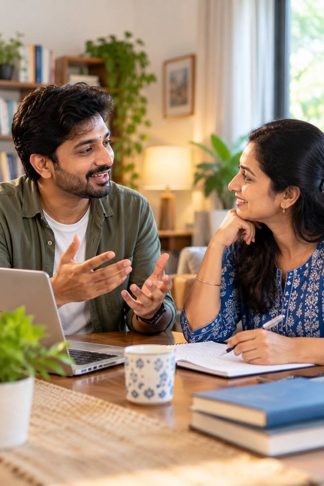 Two adults chatting over a laptop and notebook at home, practising spoken English.
