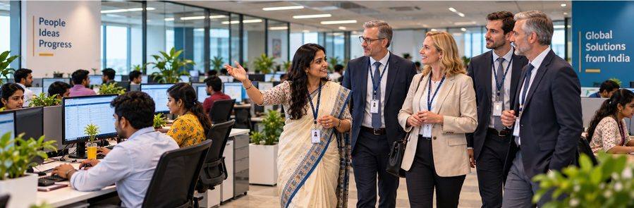 An Indian professional guiding international visitors through a modern office.