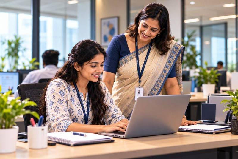 A senior Indian colleague mentors a teammate at her laptop in a bright open office.