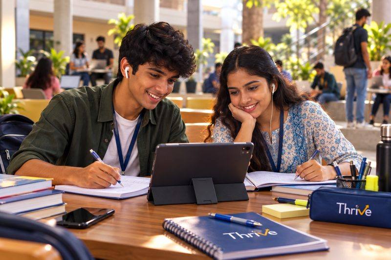 Two college students review a Thrive lesson together on a tablet on campus.