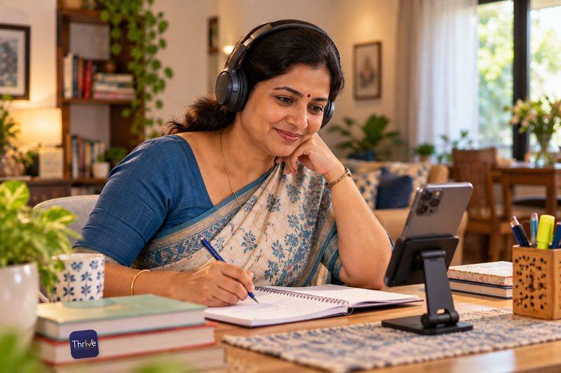 A homemaker in a saree studies a Thrive lesson on her phone stand while taking notes.