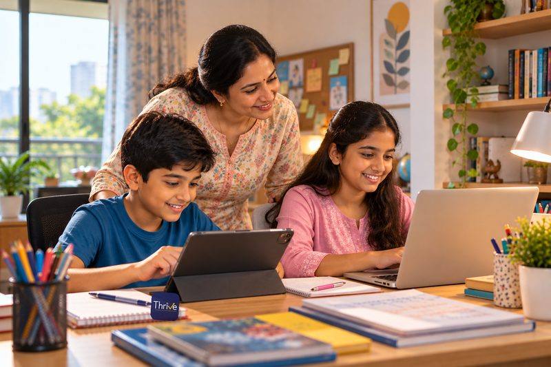 A mother guides her son and daughter through a Thrive lesson on a tablet and laptop at home.