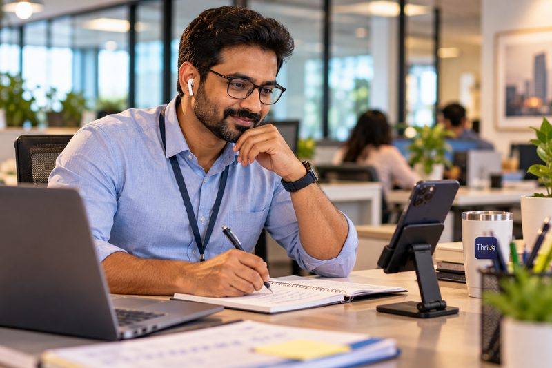 A working professional takes notes during a Thrive lesson between meetings at the office.