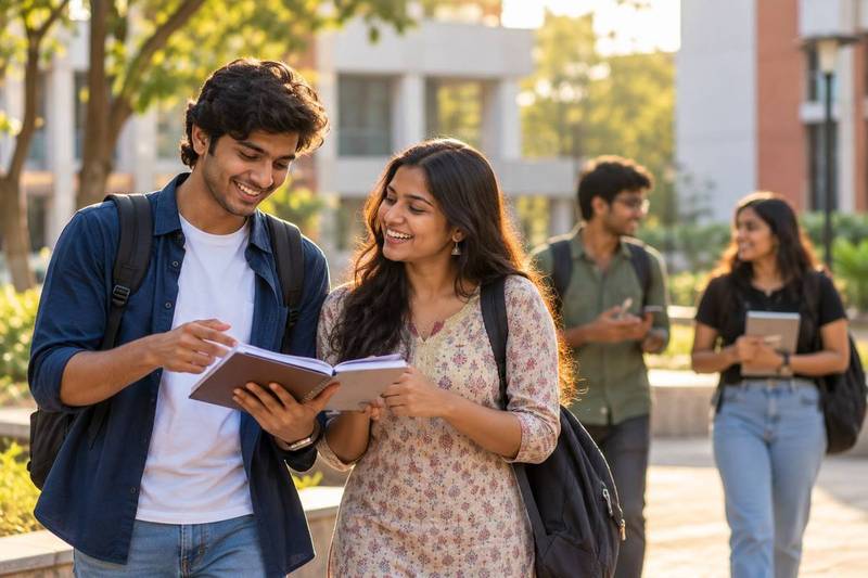 Two college friends laughing over a notebook on campus, with two more friends chatting in the background.
