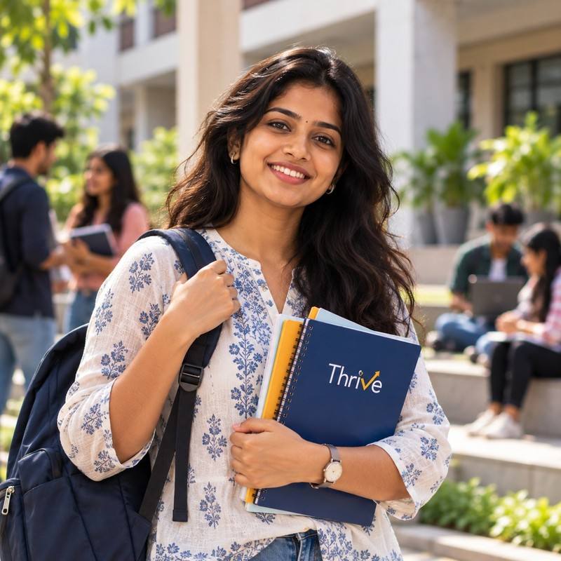 A confident college student on campus, holding a notebook and backpack.