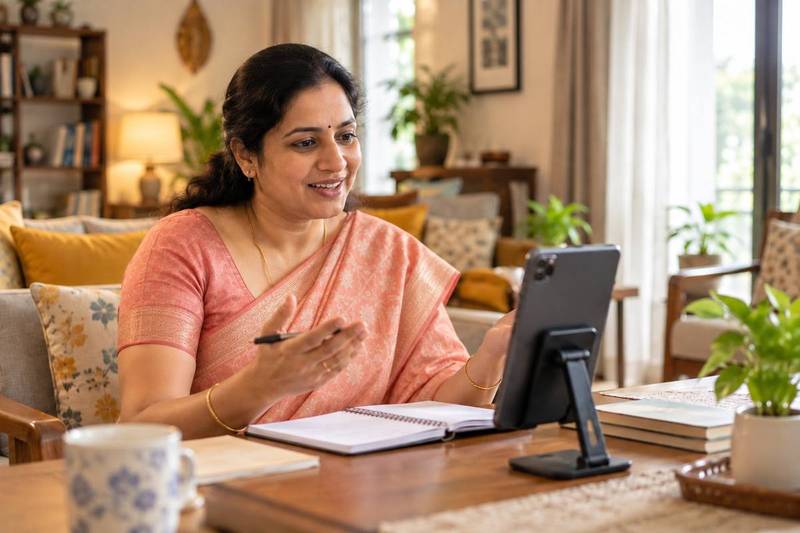 A homemaker in a saree attending an online English class on a tablet at home.