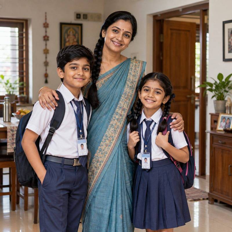 Mother with her two children in school uniform at home