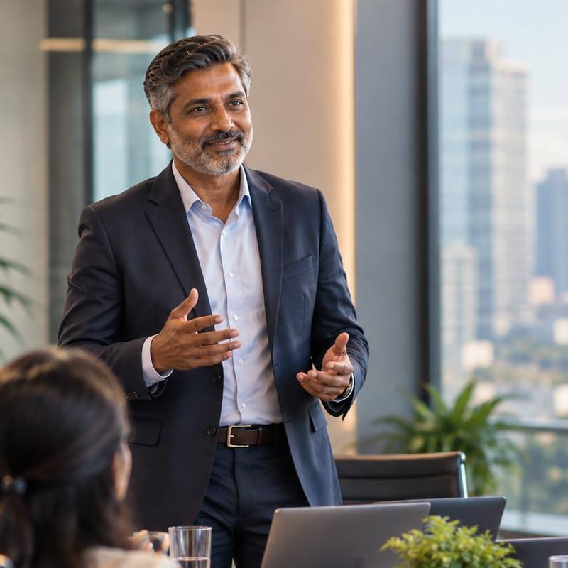 A confident mid-aged CEO gesturing mid-sentence while presenting to colleagues in a boardroom.